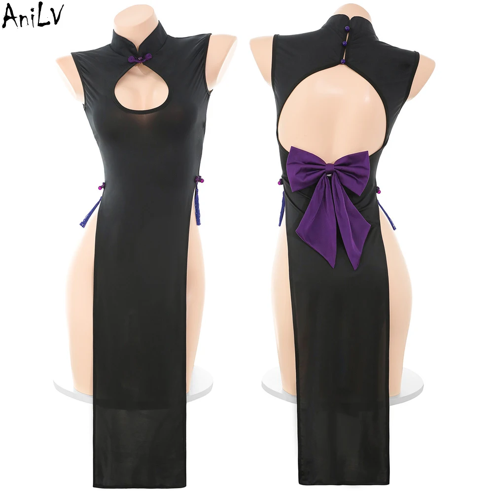 AniLV Anime chica china Qipao vestido hueco mujeres heroína borla arco Chi-pao Cheongsam uniforme trajes Cosplay disfraces