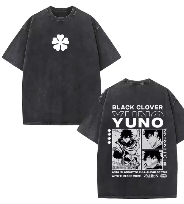 Black Clover Asta Yuno Yuno Vintage Washed Anime T-shirts Fashion Hip Hop T Cotton Short Sleeve T-shirt  Men's Women Clothing view 4