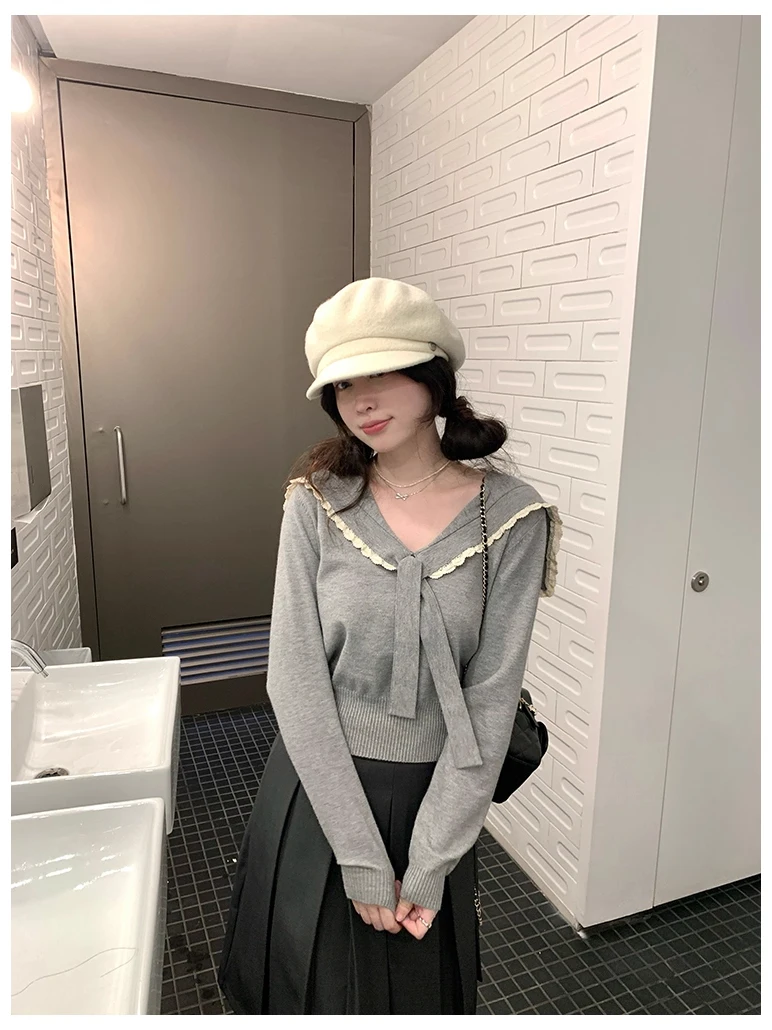 

Sweet And Spicy Preppy Sle Knitted Top with Sa Long Sve Navy Collar Women's Slim Fit Base irt for Autumn Korean Girl