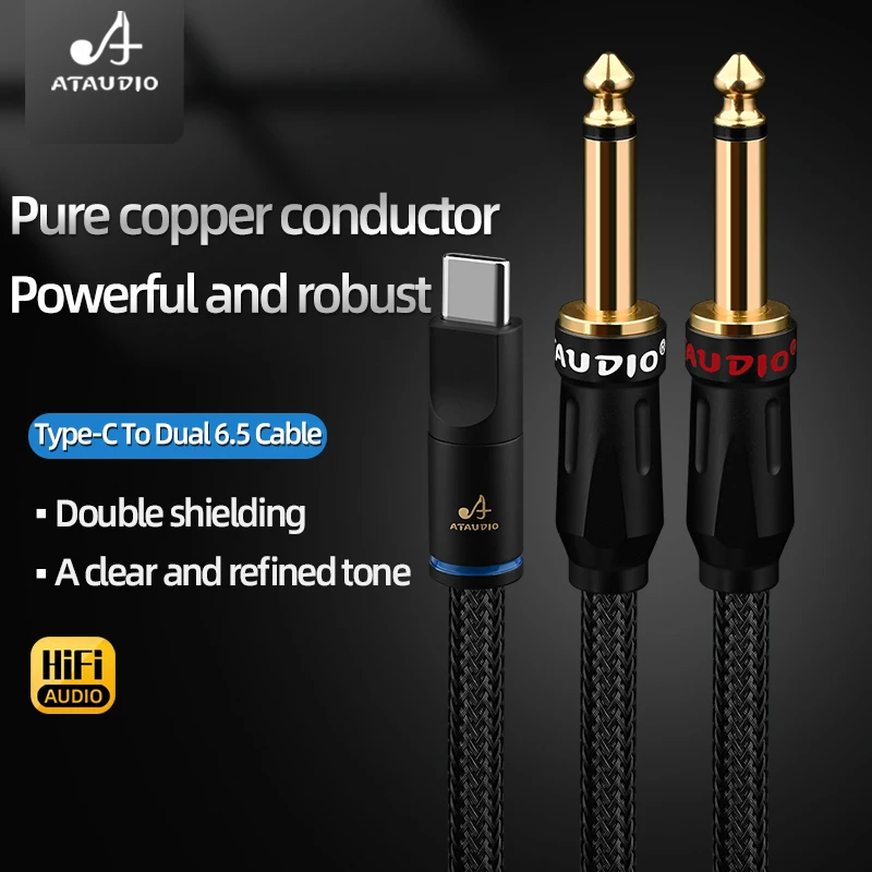 H iFi USB Type C to Dual 6.5mm Mono Jack Audio Extension Y Splitter Cable  for Phone Amplifier Speaker