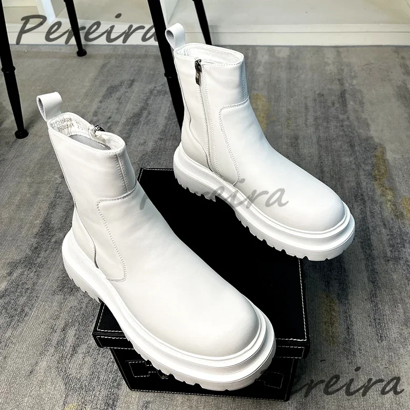 

British Style White Chelsea Boots for Men Trendy Round Toe Side Zipper Chunky Platform Short Boots Winter Leather High Top Shoes
