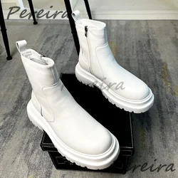 British Style White Chelsea Boots for Men Trendy Round Toe Side Zipper Chunky Platform Short Boots Winter Leather High Top Shoes