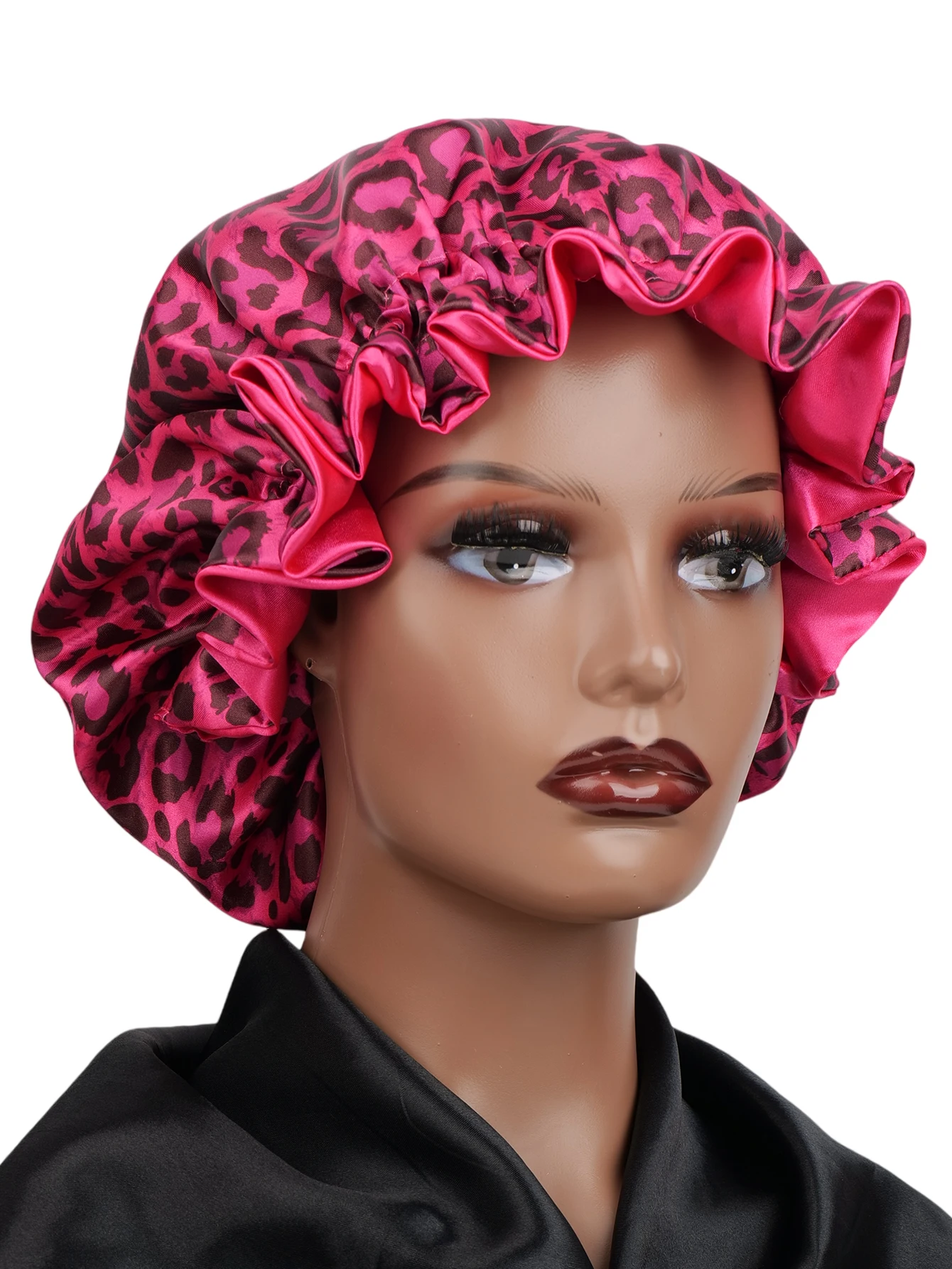 4Pcs Double Layer Satin Hair Bonnet Printed Leopard Splicing Design for Curly And Straight Hair Sleeping Cap
