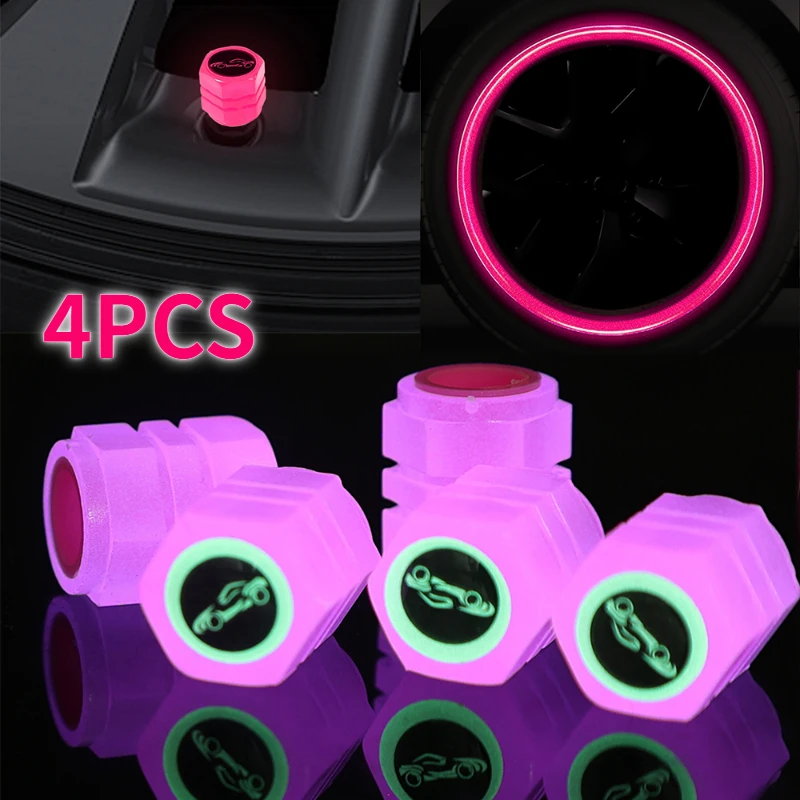 4pcs Fluorescent Pink Cars Tire Valve Stems Covers Luminous Car Tyre Valve Cap Auto Protective Accessoires