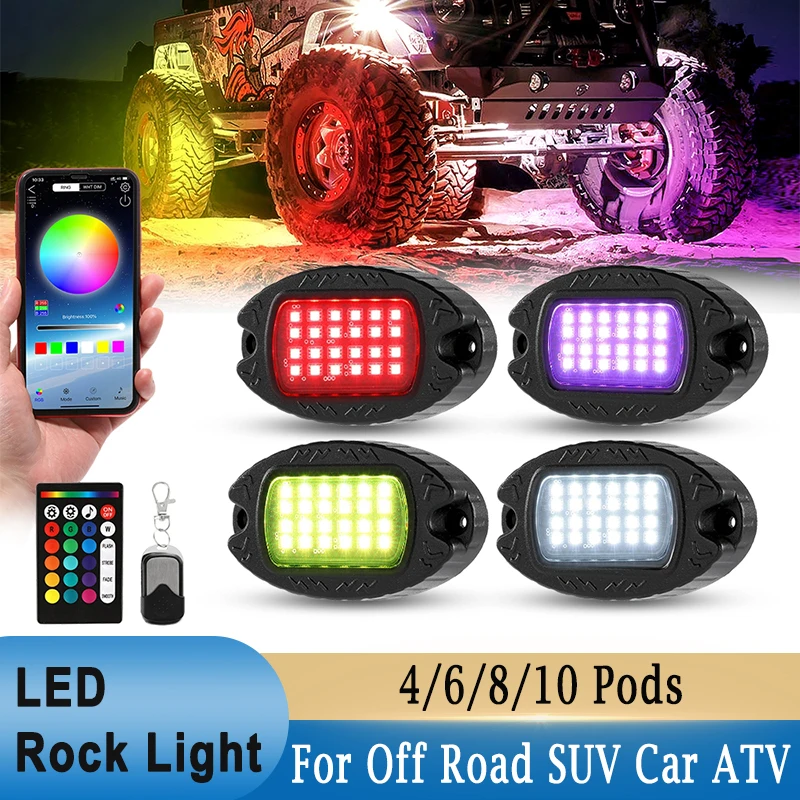 4/6/8 Pcs LED Rock Lights Music Brake Mode APP & Remote Control Trucks Neon Underglow Lighting for Off Road SUV Car ATV