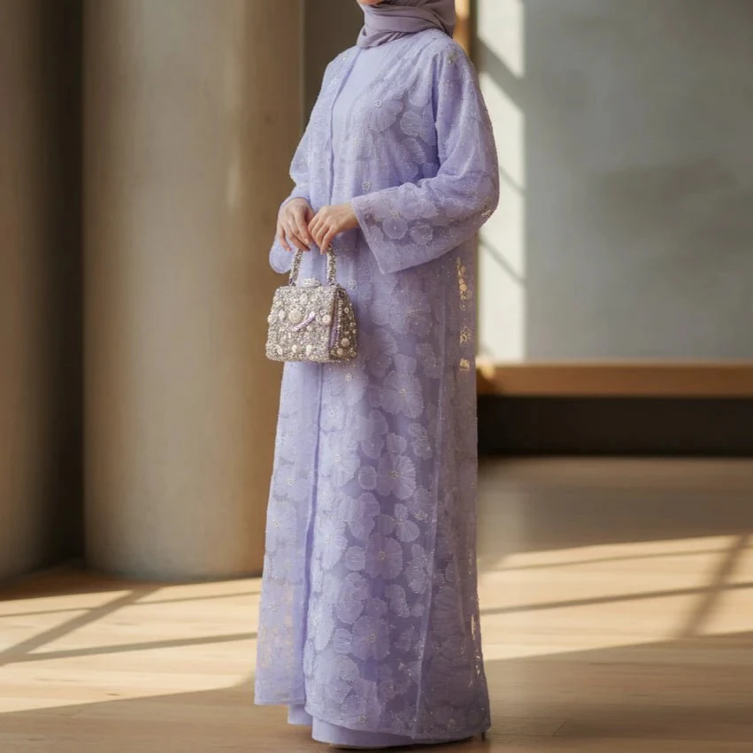 

2PCS Abaya Sets Islamic Clothing Luxury Handmade Abaya 2026 Lace 3D Textured Floral Pearl Beaded Open Abaya Women Muslim Dress