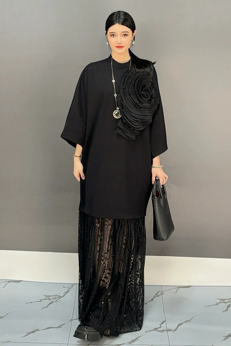 2024 Autumn New Elegant Black Patchwork Flower Loose Long Dress Women Fashion Long Sleeve Lace Dress Wholesale J500