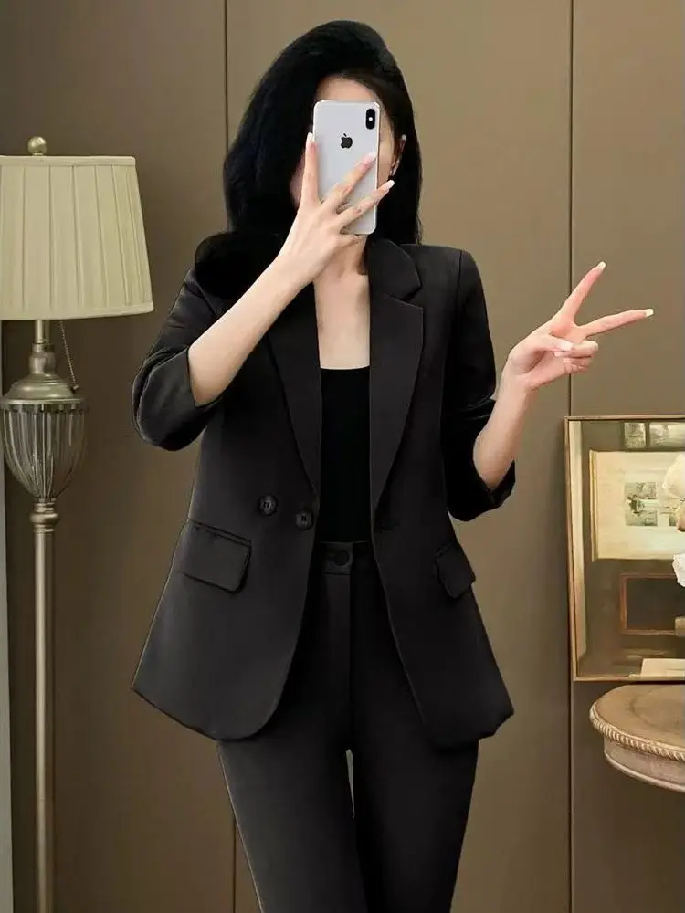 

Elegant Women's Spring Autumn Two-Piece Set High Waist Long Pants Korean Style Commute Fashion plus Size Polyester Fiber