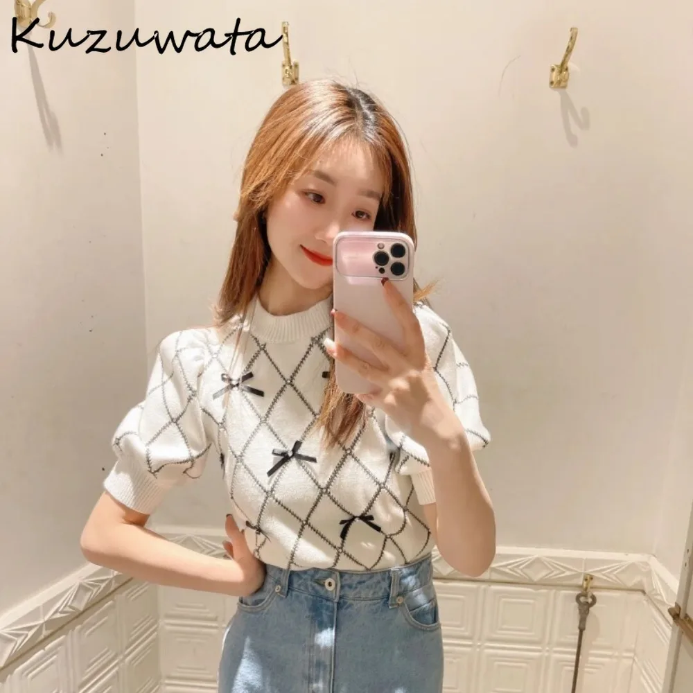 Kuzuwata Sweet O Neck Puff Sleeve Pullover Jumper Plaid Bow Elegant All-match Sweaters Japan New Pearl Knit Patchwork Pull Femme