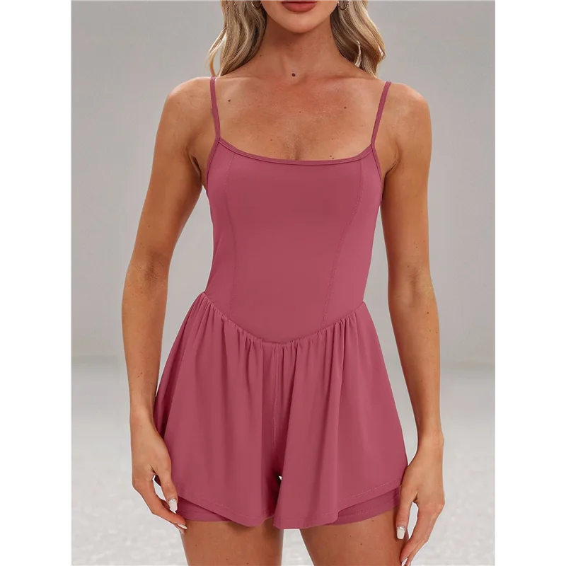 Pagliaccetti estivi senza maniche da donna con cinturino per spaghetti, pantaloncini a doppia fodera, tuta Outfits-A55G