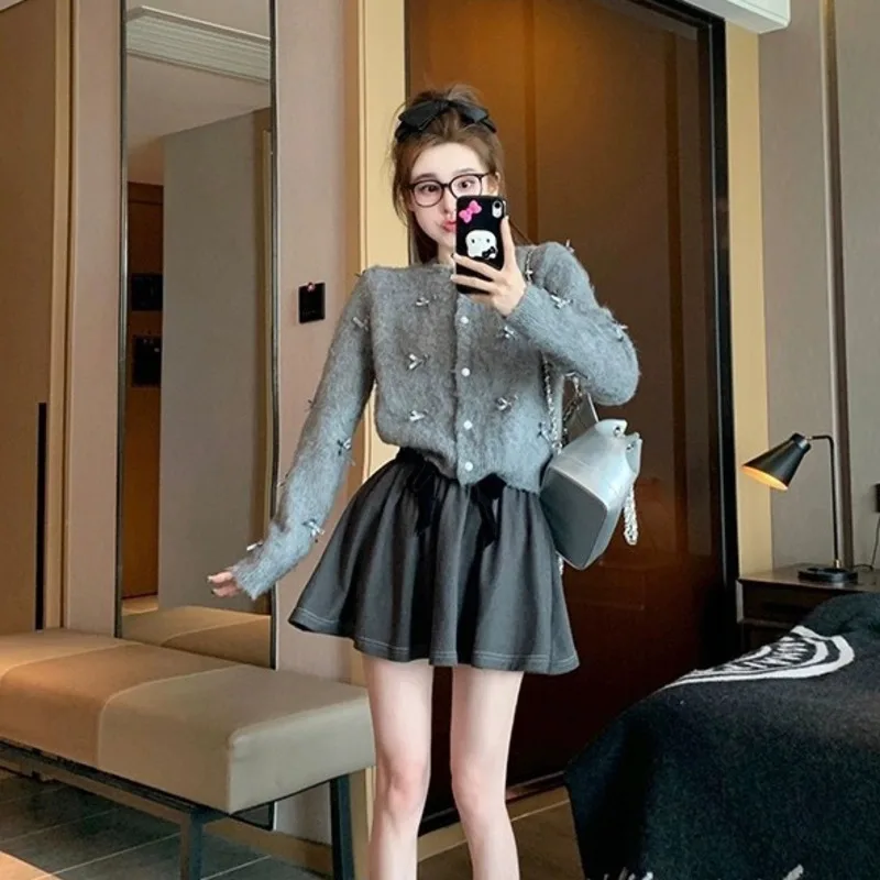Kawaii Bow Knitted Cardigan Women Long Sleeve Grey Sweater Korean Casual Cardigan For Women Harajuku Loose Coat 