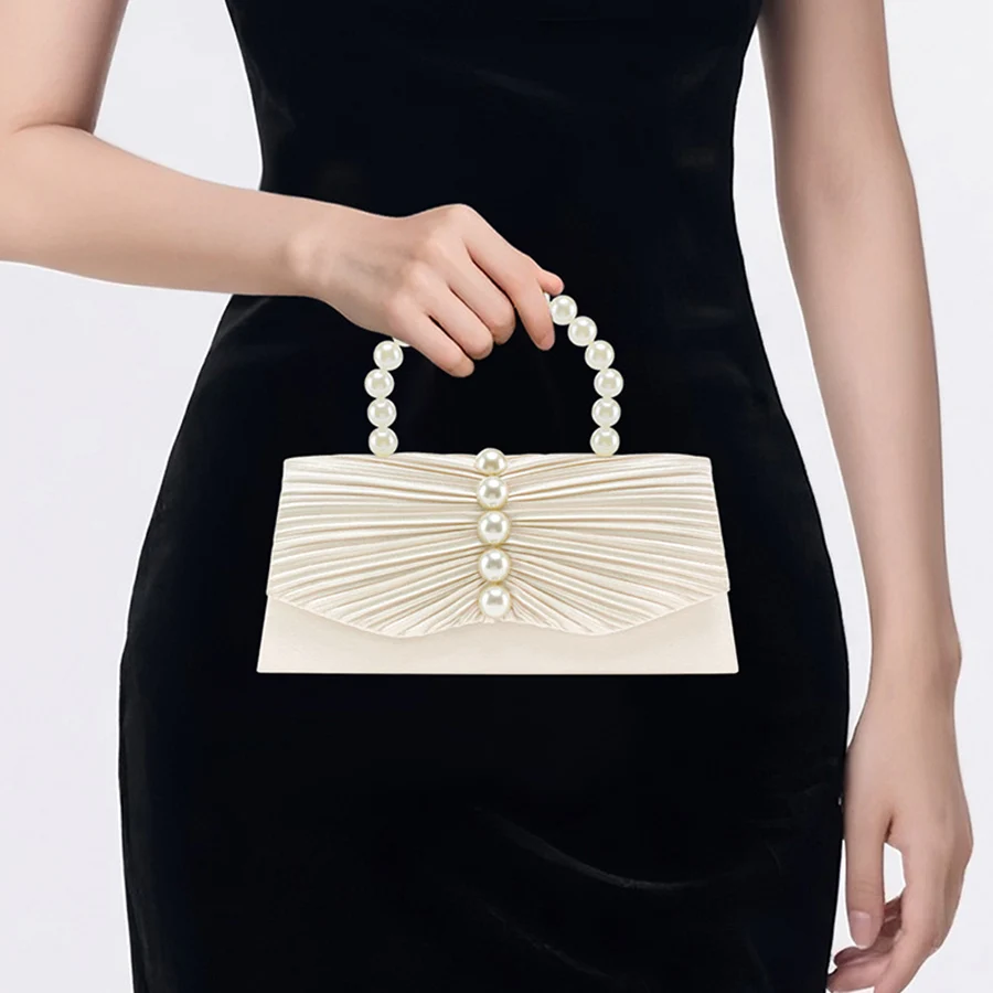 

Fashion Satin Evening Bag Women Elegant Banquet Clutch Pearl Handle Chain Shoulder Bag Luxury Purse Female Wedding Party Handba