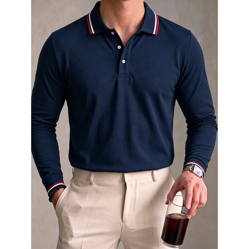 Men Navy Blue Long Sleeve Solid Polo Shirt Lapel Collar Button Tops Breathable Pique Slim Fit Casual Business Daily Wear for Men