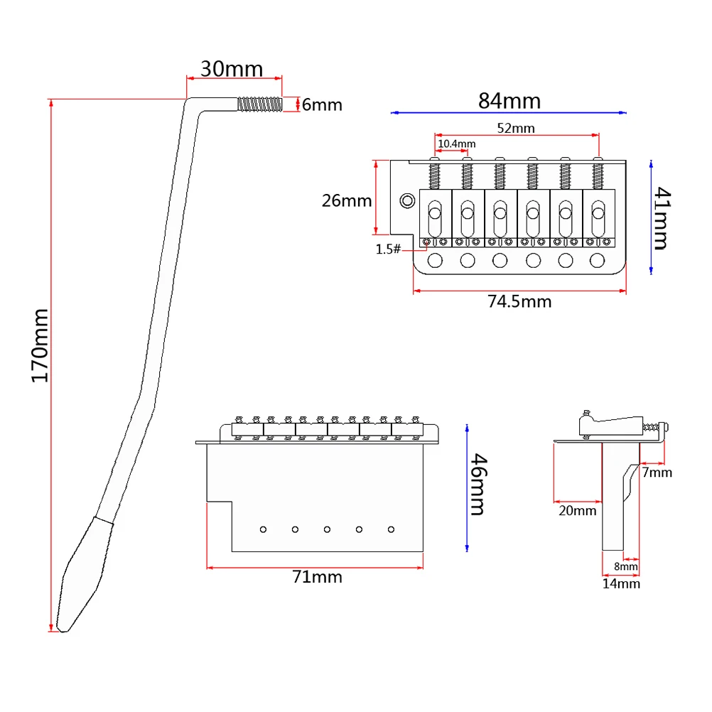 

GA202 Right Handed 6 String Flat ST Saddle Single Tremolo Bridge System for Electric Guitar Accessories Parts Screw-in Arm (Silv
