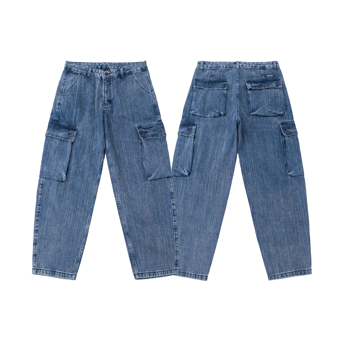 American Style Multi Pocket Jeans Men's Style Straight Leg Distressed Blue Casual Pants