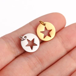 5Pcs/Lot Round Hollow Pentagram Charm Stainless Steel  Five Pointed Star Pendants With Jump Rings Simply for Diy Jewelry Making