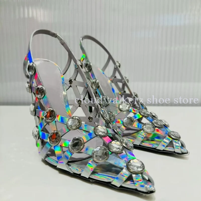 جديد تنفس جوفاء كريستال جوهرة مطعمة صندل مثير أشار تو شبكة الانزلاق على خنجر صندل موضة Slingback حذاء بسيور الظهر