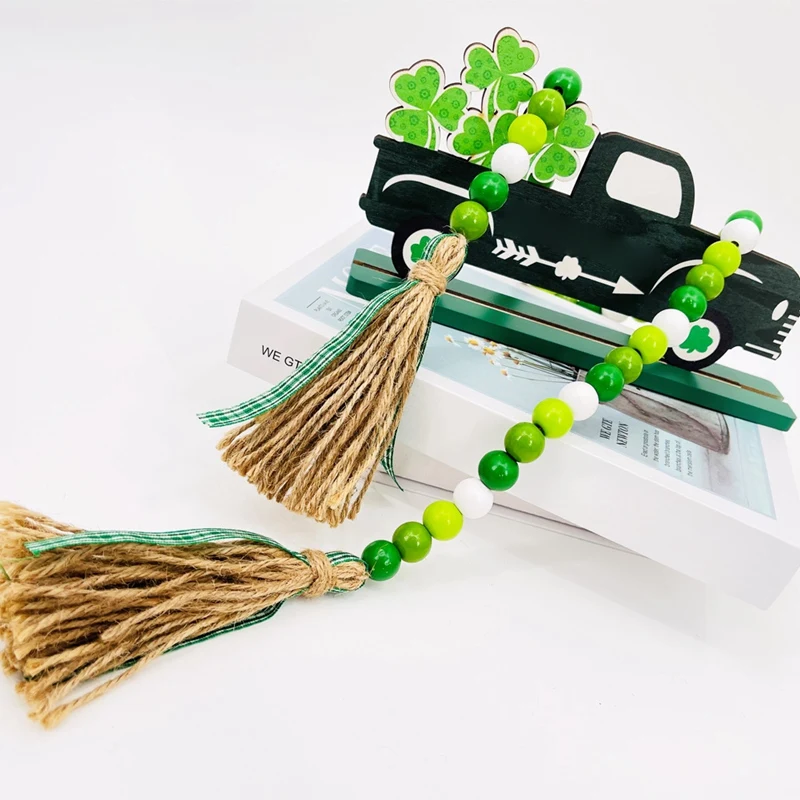 St. Patrick's Day Wood Beads Garland With Tassel, Rustic Farmhouse Beads Prayer Beads Tiered Tray Home Spring Decoration