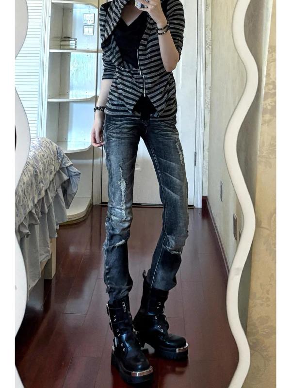 Retro American Distressed Tight Fit Denim Jeans Women's Spring Autumn New Style Spicy Girl Fashion Slim Folded Pants