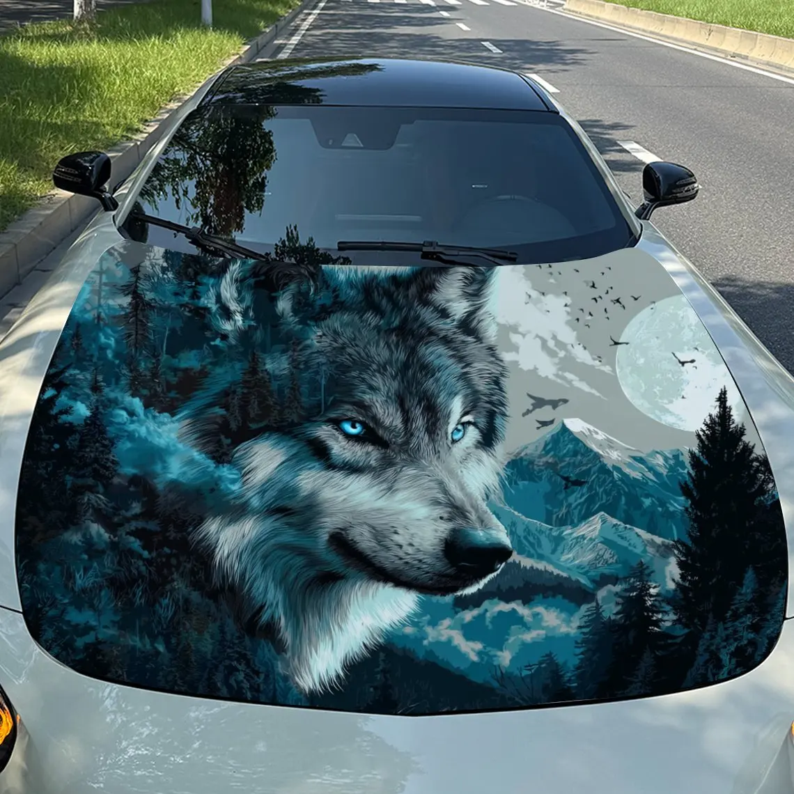 

Lone Wolf Gazing at Moon Secret Pine Forest Car Vinyl Wrap, PVC Material Waterproof Car Hood Sticker, Self-Adhesive Scratch-Resi
