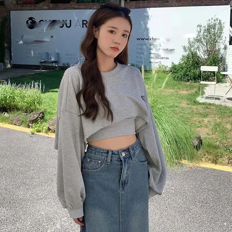 GIDYQ Crop Thin Sweatshirt Two-piece Women Korean Casual Bat Long Sleeve O Neck Tees Fashion Chic Solid Simple Tops Autumn New