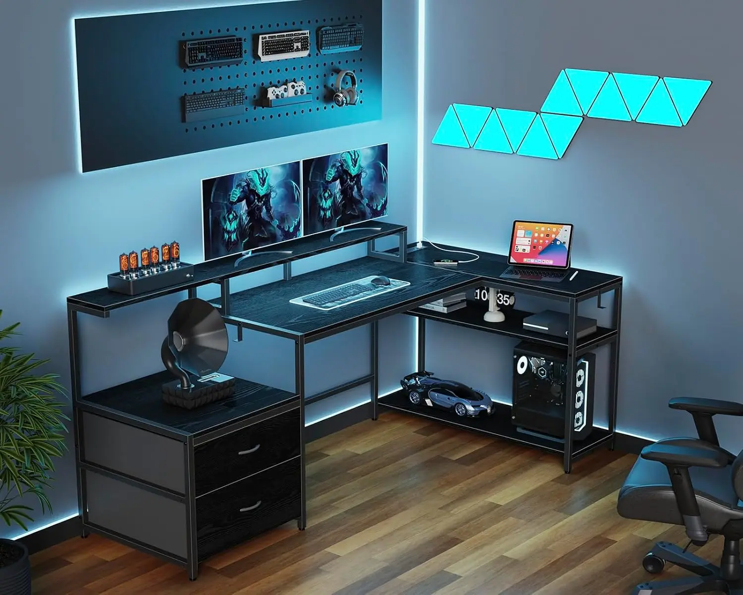 Bureau de jeu en forme de L avec égouts à proximité de fichiers, bureau à domicile avec lumières LED et prises de courant, bureau d'ordinateur réversible, noir