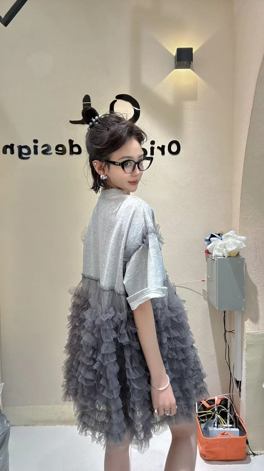 Zomer Luxe Vrouw Mesh Gesplitste Ruches T-shirts Gaas Geplooide Ruches Tee Jurk Korte Mouwen Garen Lotus Jumpers Tops Vestidos