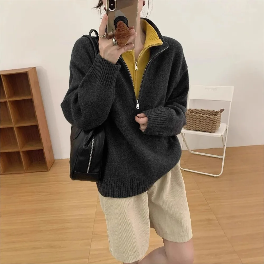 

Casual Solid Color Sweater Autumn Winter Pullover Warm Loose Fashion Lazy Style Sweater Long Sleeve Half Open Collar Coats