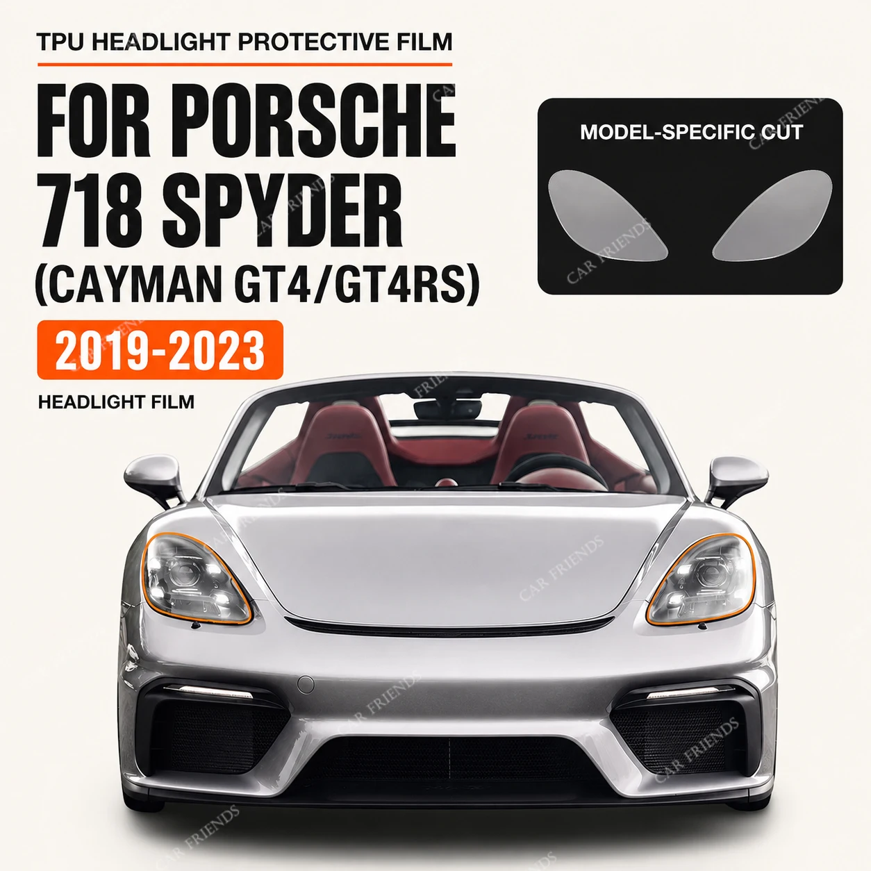ポルシェ-718-スパイダー-ケイマン-gt4-gt4rs-2019-2023用-カスタムフィット-85ミル-tpu-ヘッドライト保護フィルム-2枚-クリア
