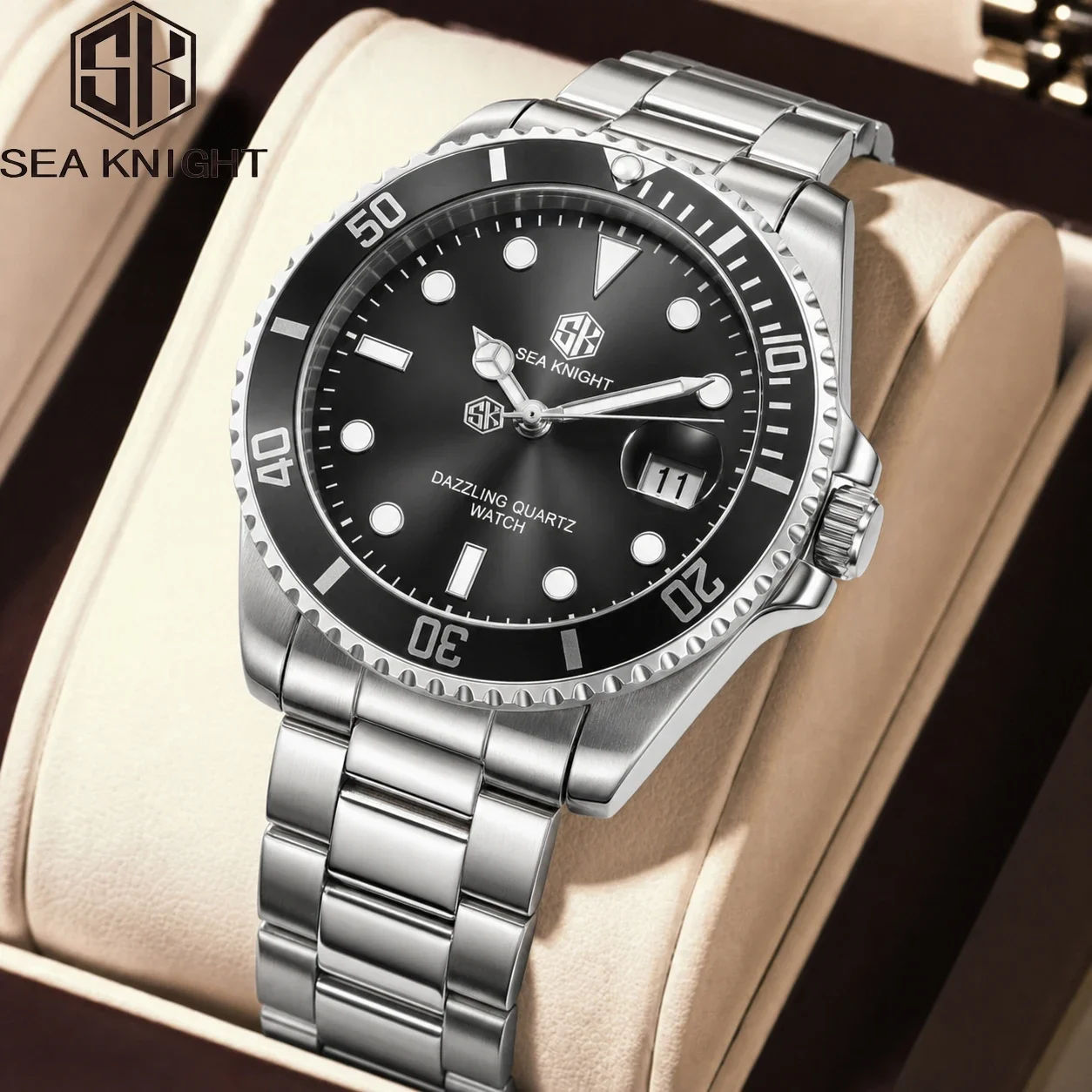 SEA KNIGHT Top Man Business Watch Fashion Steel Strap Rotatable Bezel Luminous Date Display 3Bar Waterproof Quartz Watch