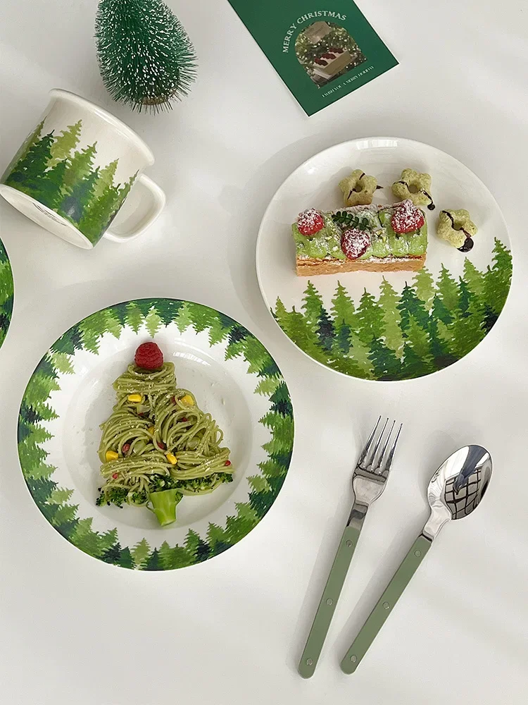 

Green pine dinner plate, Christmas ceramic dessert, pasta, creative fresh breakfast plate, deep plate, household dish plate