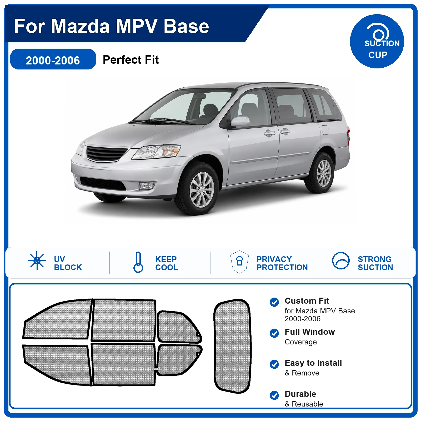 For Mazda MPV Base 2000-2006 Custom Full Set Windshield Sun Shade Aluminum Foil Heat Insulation Anti UV Foldable