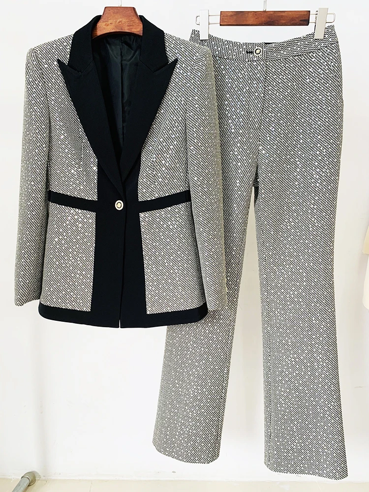 HIGH QUALITY 2024 Newest Designer Fashion Runway Suit Set Women Glitter Squined Blazer Jacket Pants Set