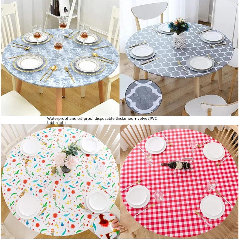 Cross-BorderPVCRound Tablecloth Waterproof and Oil-Proof Fleece-lined Thick Transparent Printing Plastic Tablecloth Elastic Band