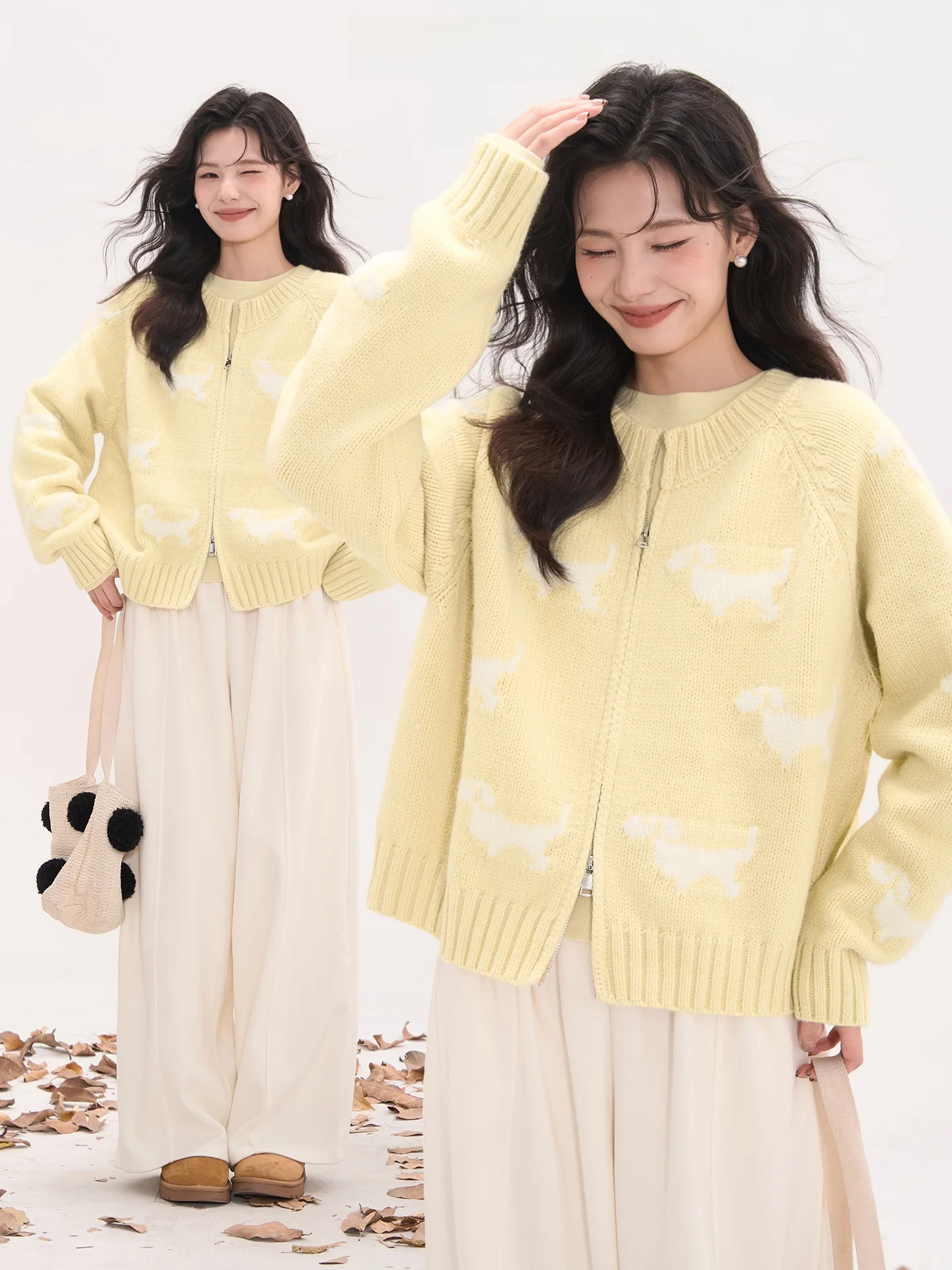 

Wed Travel Dog Pattern Double Zipper Knitted Sweater Women round Ne Top Heme Flower Field Window Chinese Online Exclusive