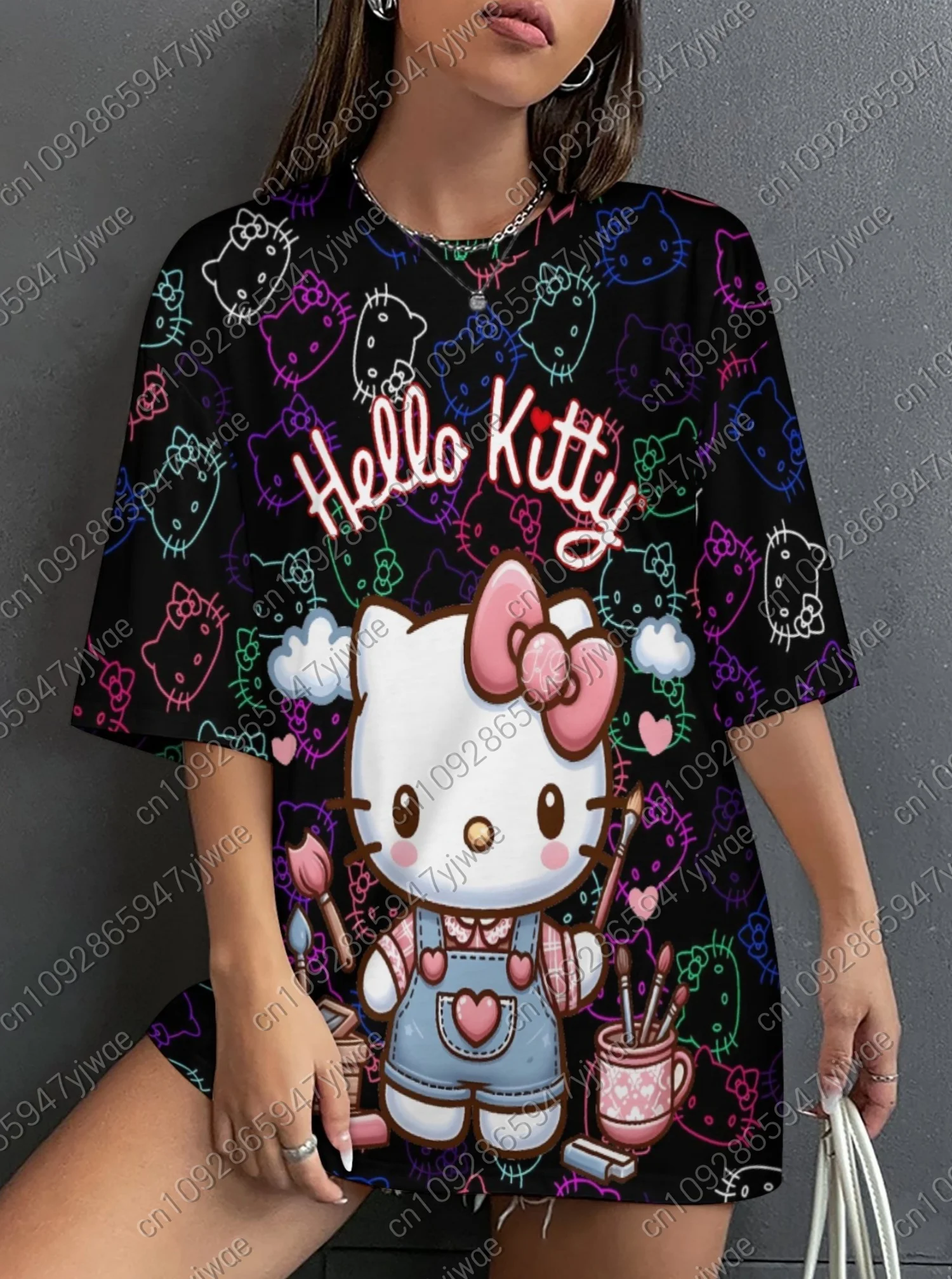 

Summer Women's 3D Cartoon KITTY Print Round Neck Short Sleeved T-Shirt Daily Top Female Creativity Street T Shirt