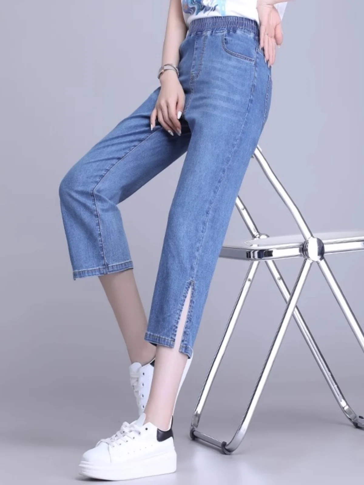 夏ハイウエストルーズフィット七フィートジーンズレディースカジュアル薄いデニムパンツハーランスルライトカラーロングパンツ