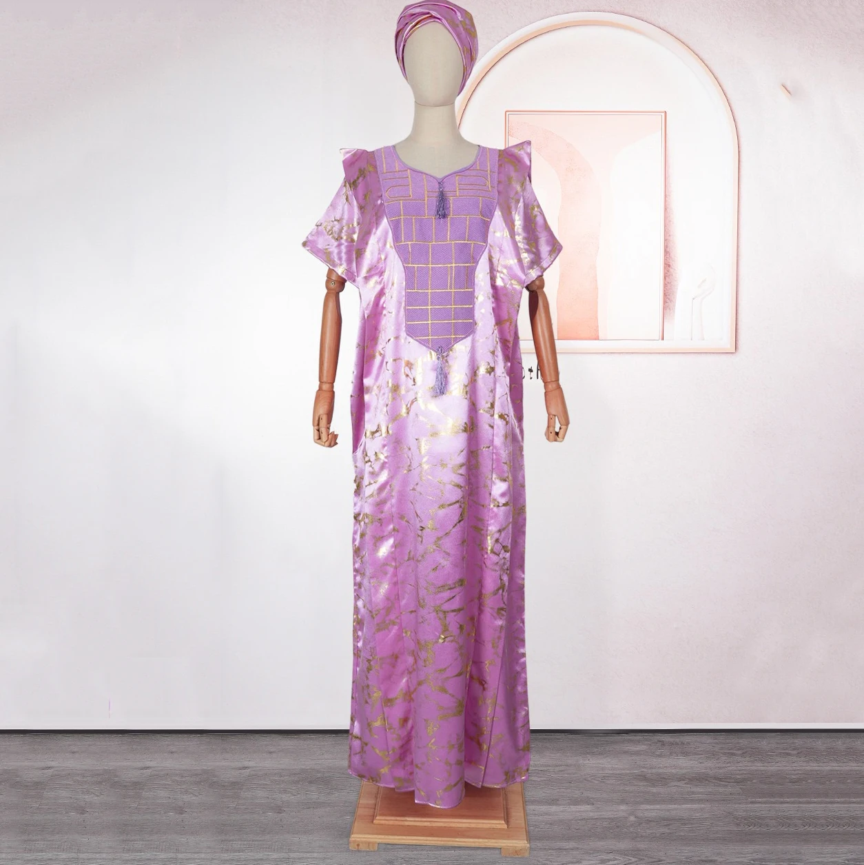 Elegant Muslim Dresses for African V Neck Short Sleeve Printed Straight Floor Length Marocain Satin Boubou Robe Djellaba Femme