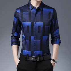 New Men's Casual Printed Long Sleeved Lapel Shirt for Spring and Autumn Fashion Comfortable Wrinkle Free Top Without Ironing