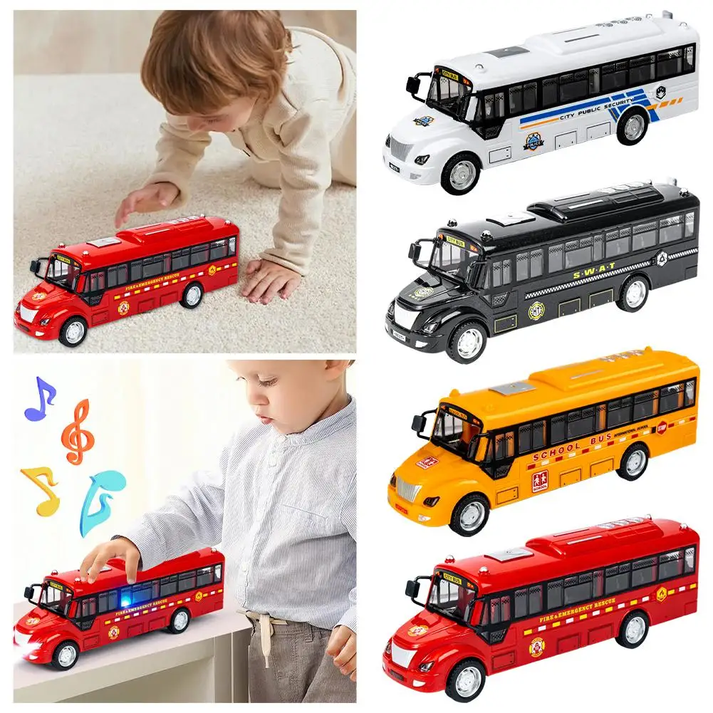 Modèle de Bus à inertie de musique légère, jouet à tirer vers l'arrière, Bus à tirer vers l'avant, fonctions de porte ouverte sur le Campus, coulissant à inertie U7x0