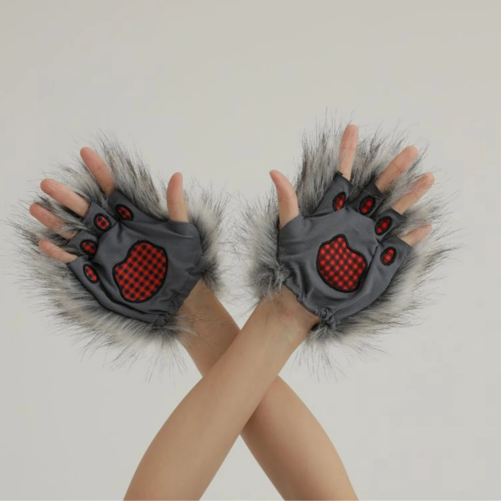 Halloween Plush Wolf Claw Gloves Grey Hairy Werewolf Paw Costume Mitten for Kids and Adults
