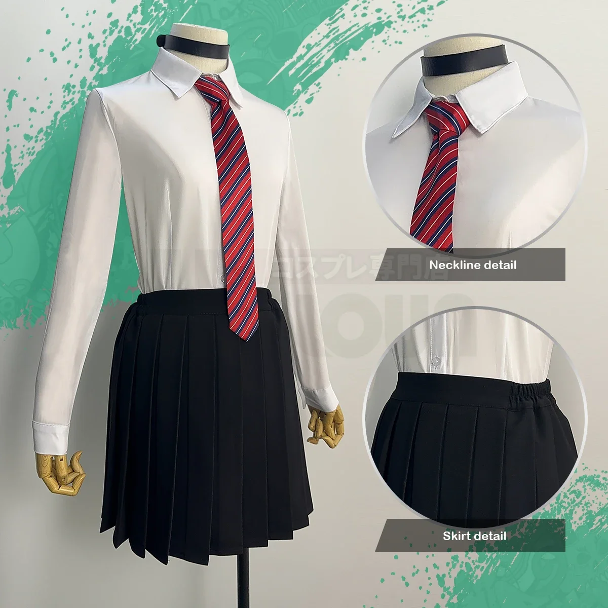 Cosplay cortavientos Anime Tasuku Tsubakino Cosplay disfraz peluca verde gabardina larga falda camisa blanca gargantilla corbata lazo