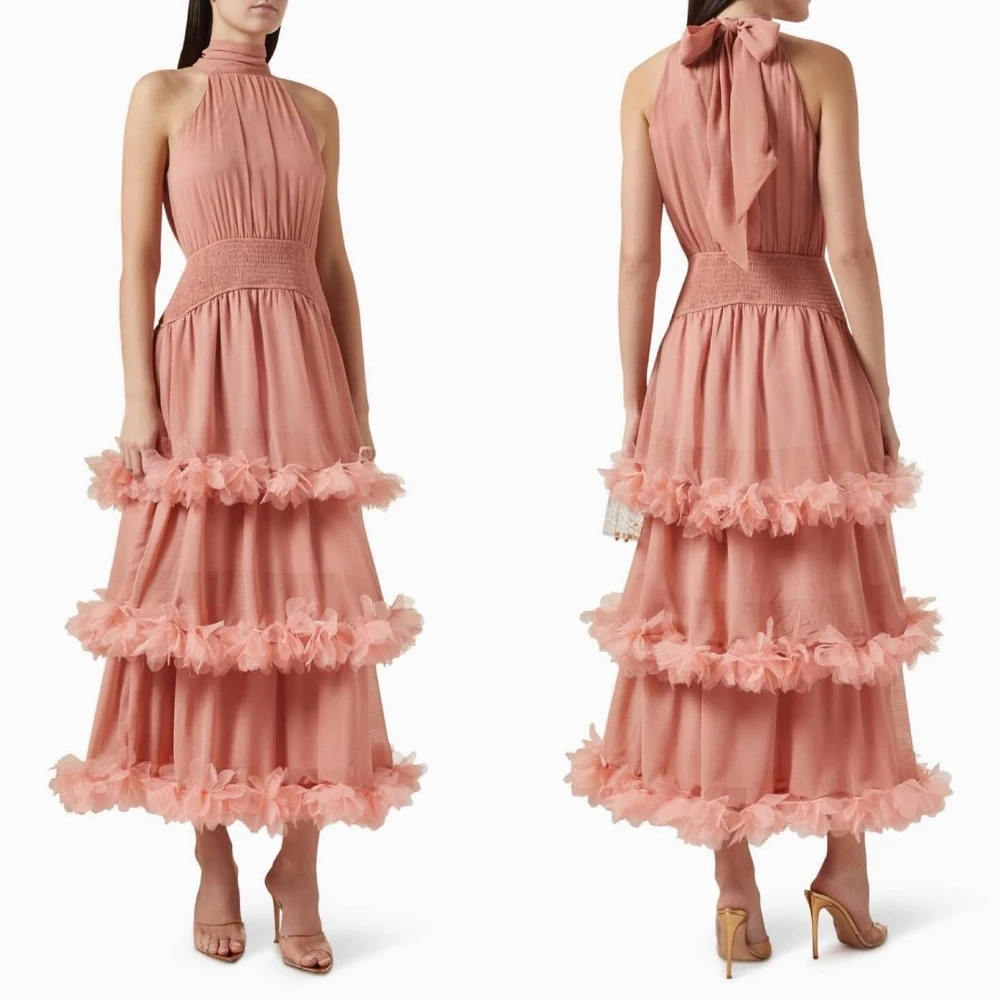 

Customized Modern Style High Collar A-line Flowers Bow Tiered Ankle-Length Chiffon Bespoke Occasion Dresses Evening