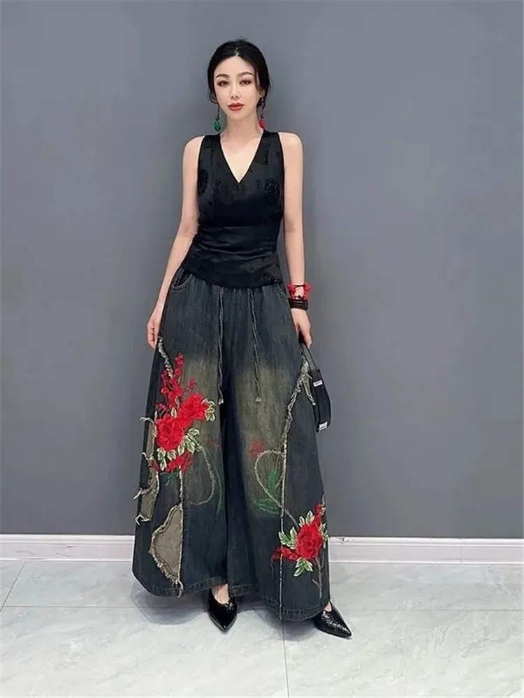 

Autumn Women's Straight Jeans New Korean Fashion High-waist Ethnic Style Embroidered Drawstring Oversized Denim Wide-leg Pants