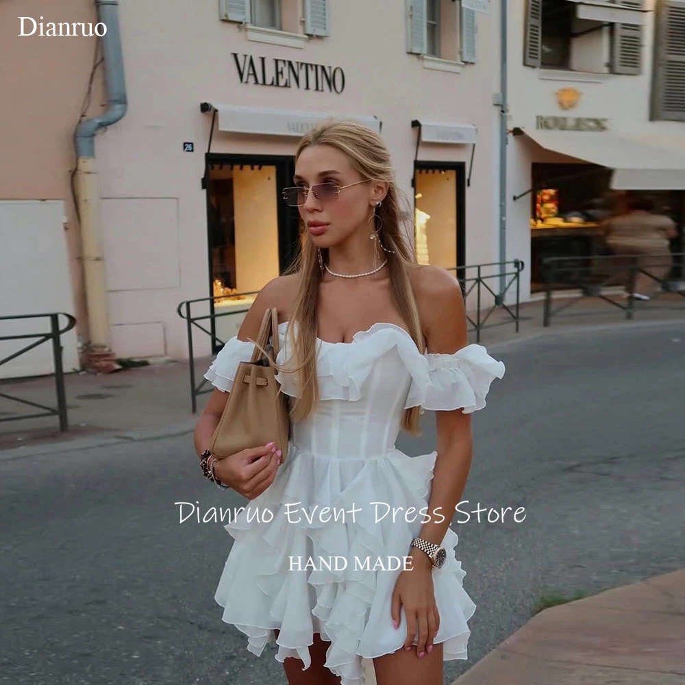 

Dianruo White Off Shoulder Prom Dresses Rufled Hem A Line Chiffon Evening Dresses Pleated Modern Celebrity Dresses Customized