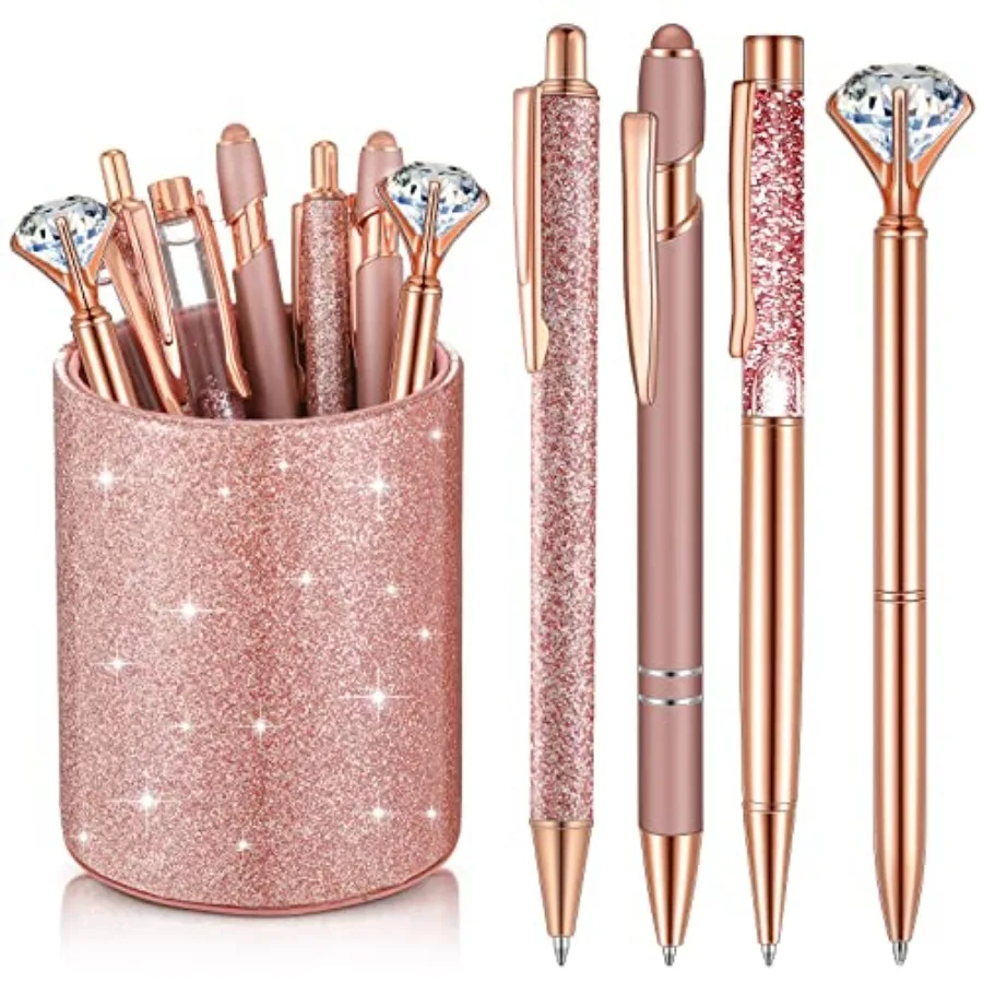 

8 Pcs Rose Gold Pens with Pen Holder for Desk Glitter Crystal Diamond Cute Ballpoint Fancy Pencil Holder Bling Desk Organizer f