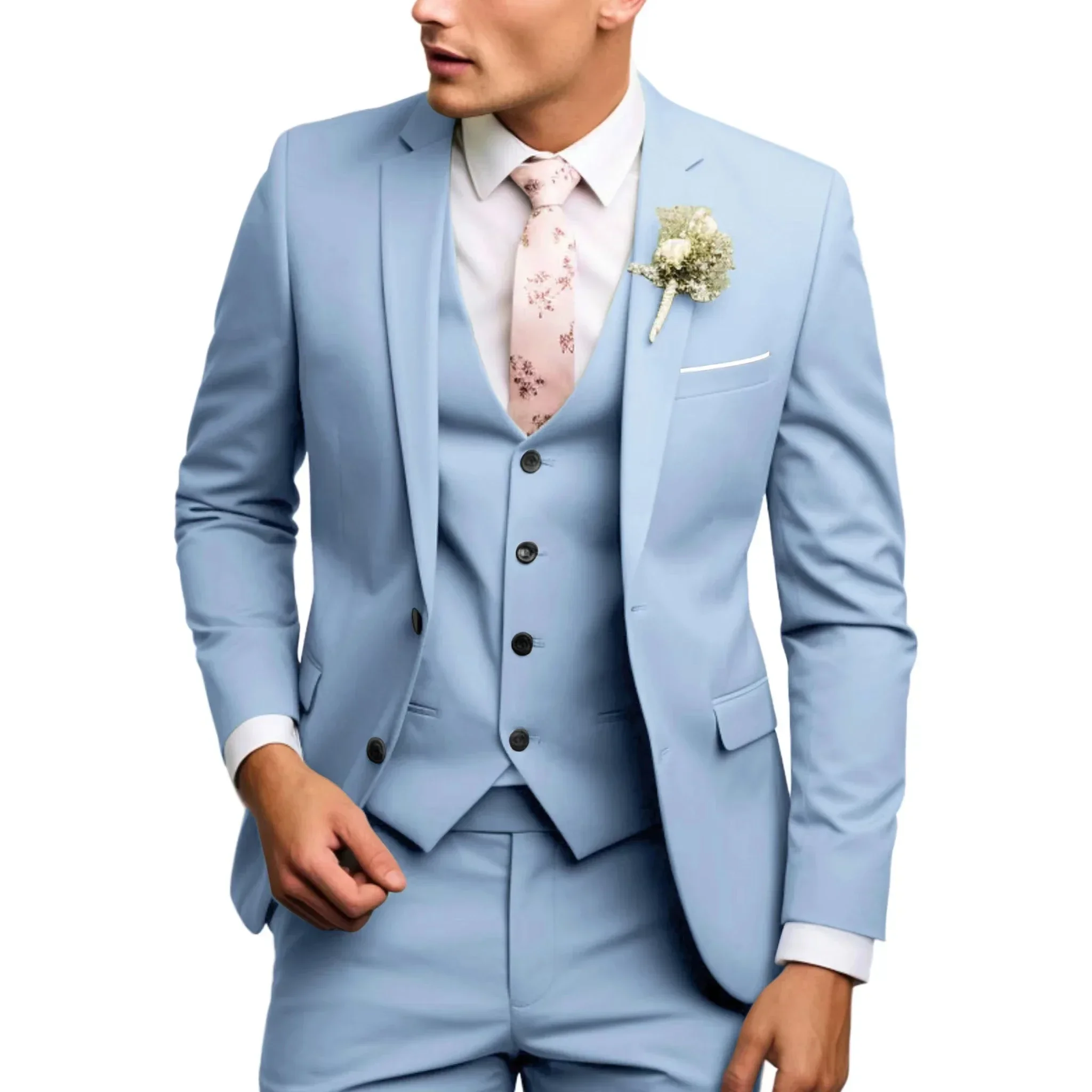 Casual Men\'s Suits Slim Regular Fit 3 Piece Elegant Tuxedos Notch Lapel Blazer Vest Pants for Evening Party Formal Wedding