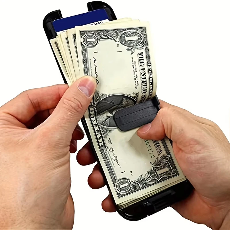 محفظة رفيعة تحجب تحديد الهوية بموجات الراديو للرجال، محفظة معدنية قابلة للإزالة مع مشبك نقود للرجال مقاومة للسحق