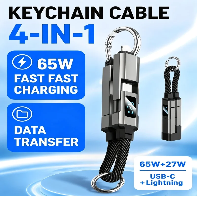 4 in 1 65W Keychain Charging Cable USB C Cable with V/A/W Display Type C for Apple Portable Cord for IPhone/iPad/Samsung/Laptop