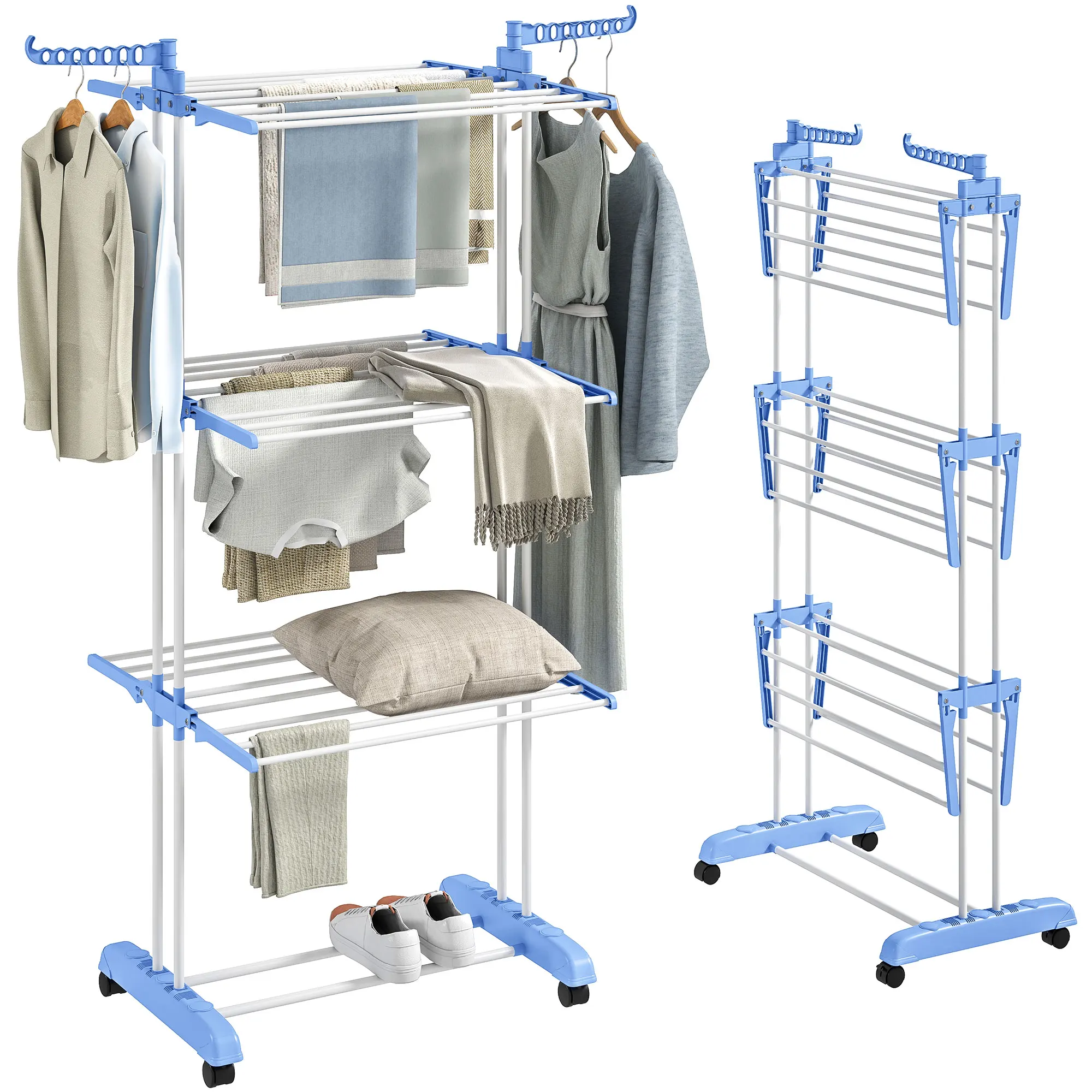 HOMCOM Séchoir à linge étendoir pliable ailes latérales utilisation intérieure et extérieure 73 x 64 x 172 cm 3 niveaux bleu